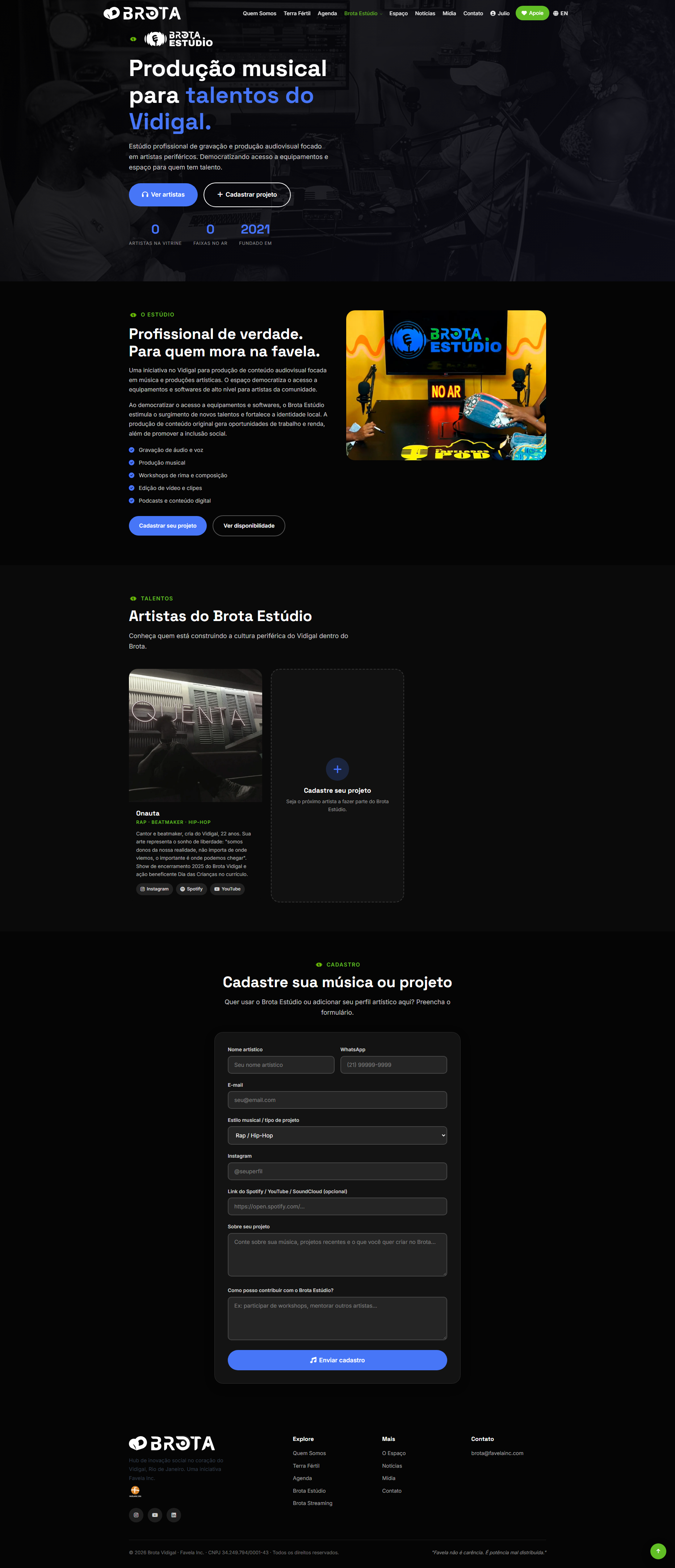 Página do Brota Estúdio no site: a chamada de produção musical, o que o estúdio oferece, a vitrine de artistas e o formulário de cadastro de projeto