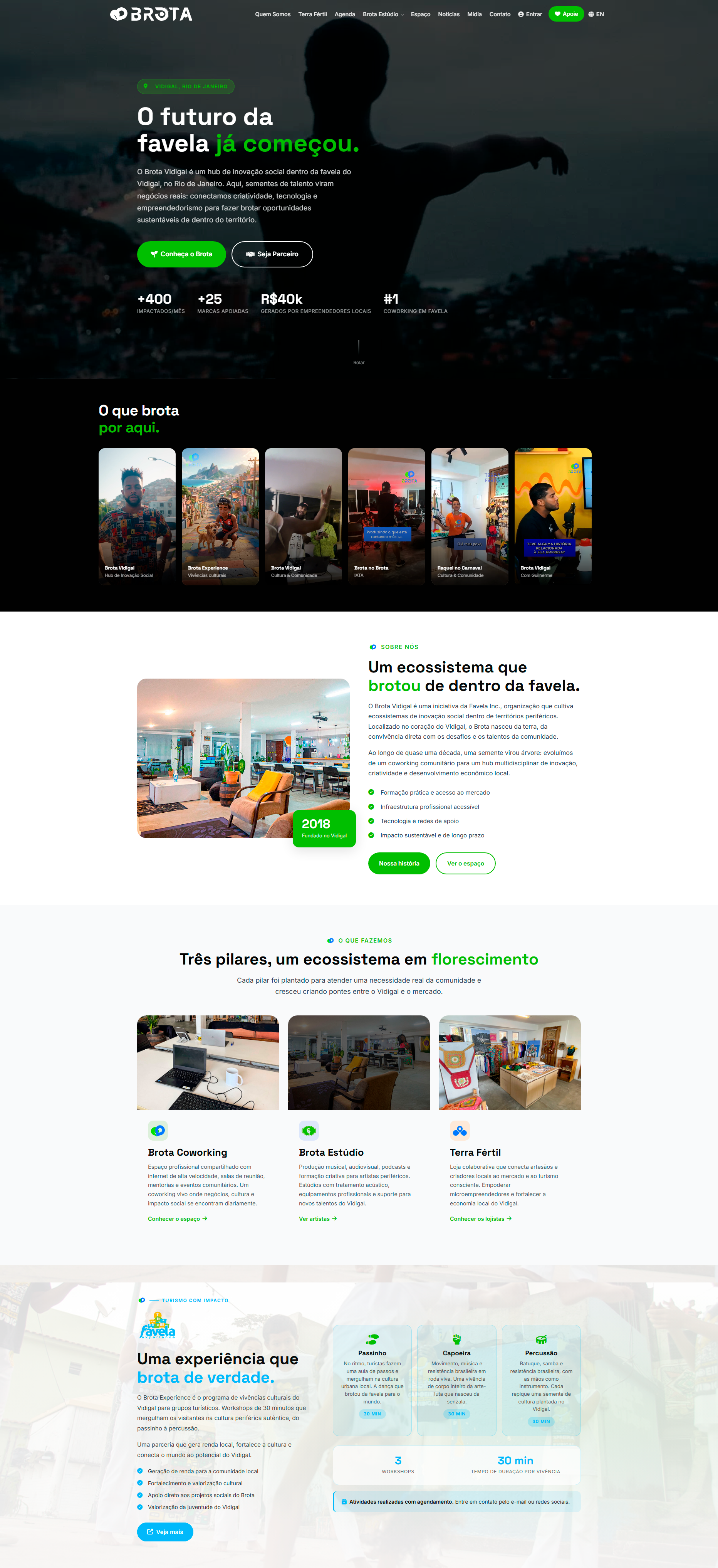Print da home do site do Brota Vidigal: primeira metade, do topo com a chamada e os números até os três pilares e o Brota Experience
