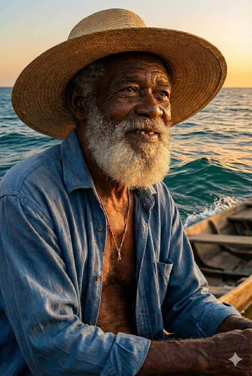 Pescador sorrindo no barco ao entardecer