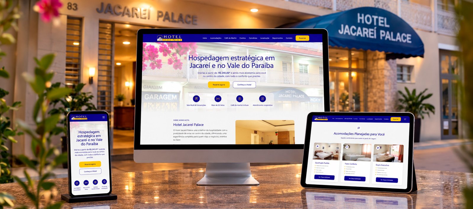 O site do Hotel Jacareí Palace em camadas: a página inicial no navegador, a faixa de reserva em azul ao fundo e a versão para celular