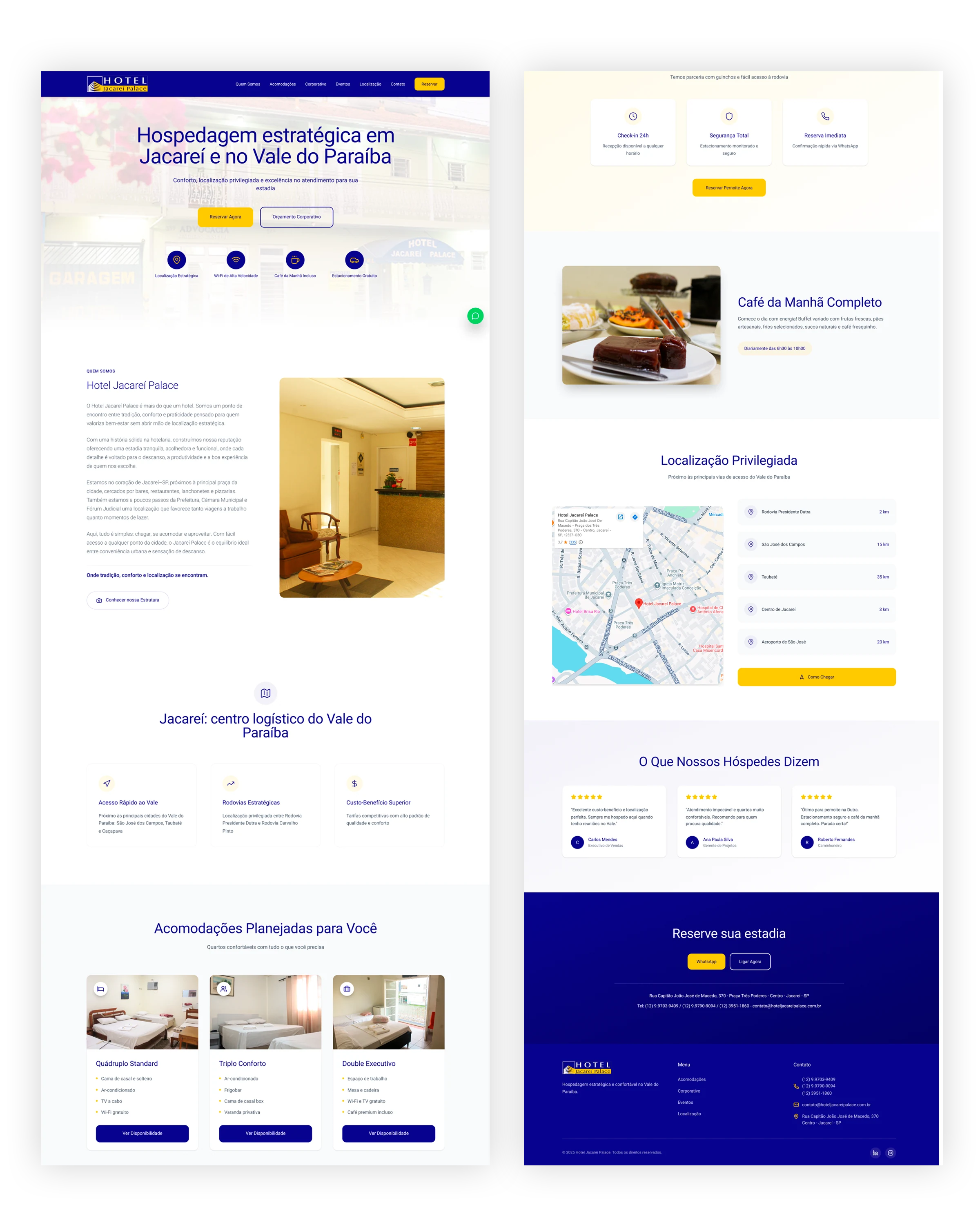 A página do site em um navegador, do topo com a fachada do hotel até a seção sobre Jacareí
